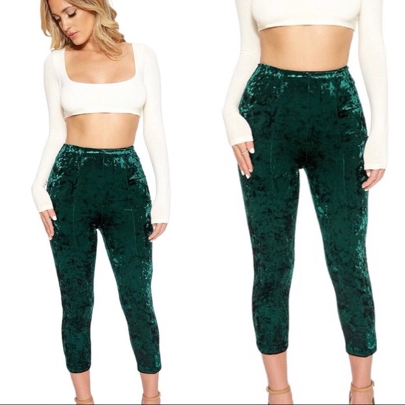 naked wardrobe Pants - Naked Wardrobe Green Velvet Cropped Legging Pants